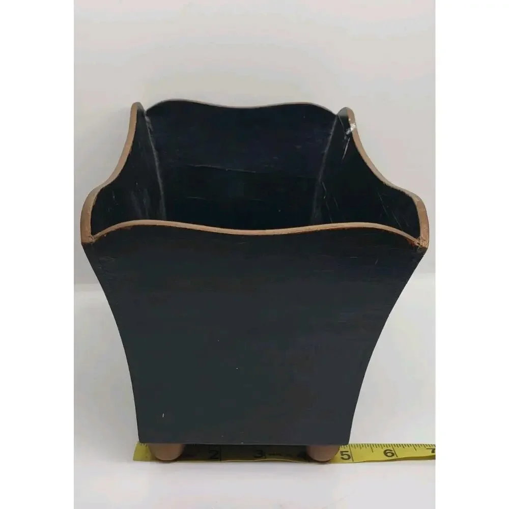 Vintage Toleware Hand Painted Roses Black Jardiniere Cache Pot Decor Vanity - Picture 11 of 12
